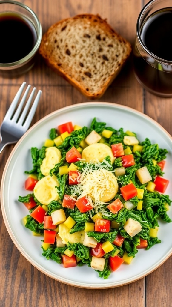A plate of kale breakfast scramble with eggs, tomatoes, and onions, garnished with cheese, on a wooden table with coffee and toast.